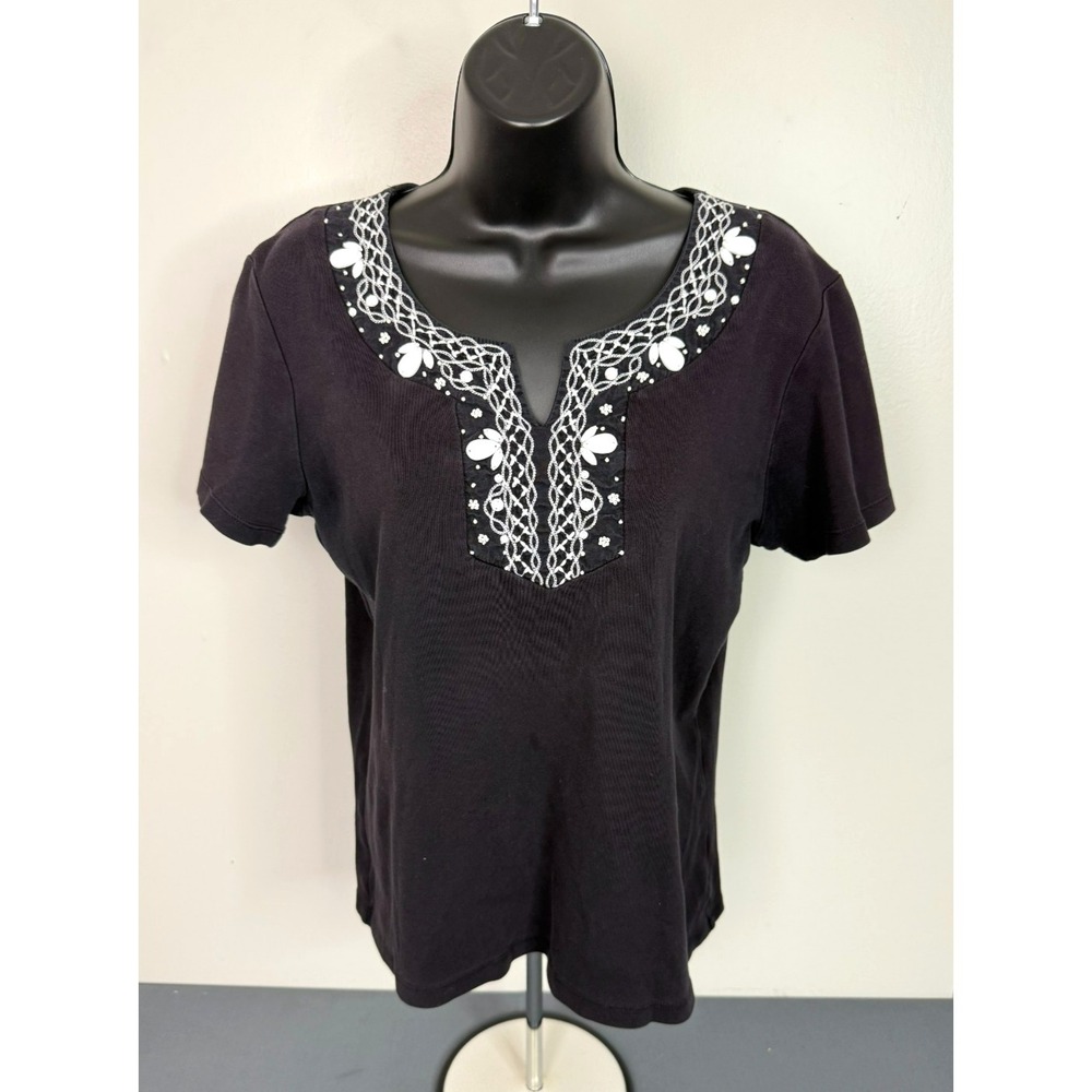 JM Collection Women's Emboidered Sequin Cotton Tunic Top Black Size Medium